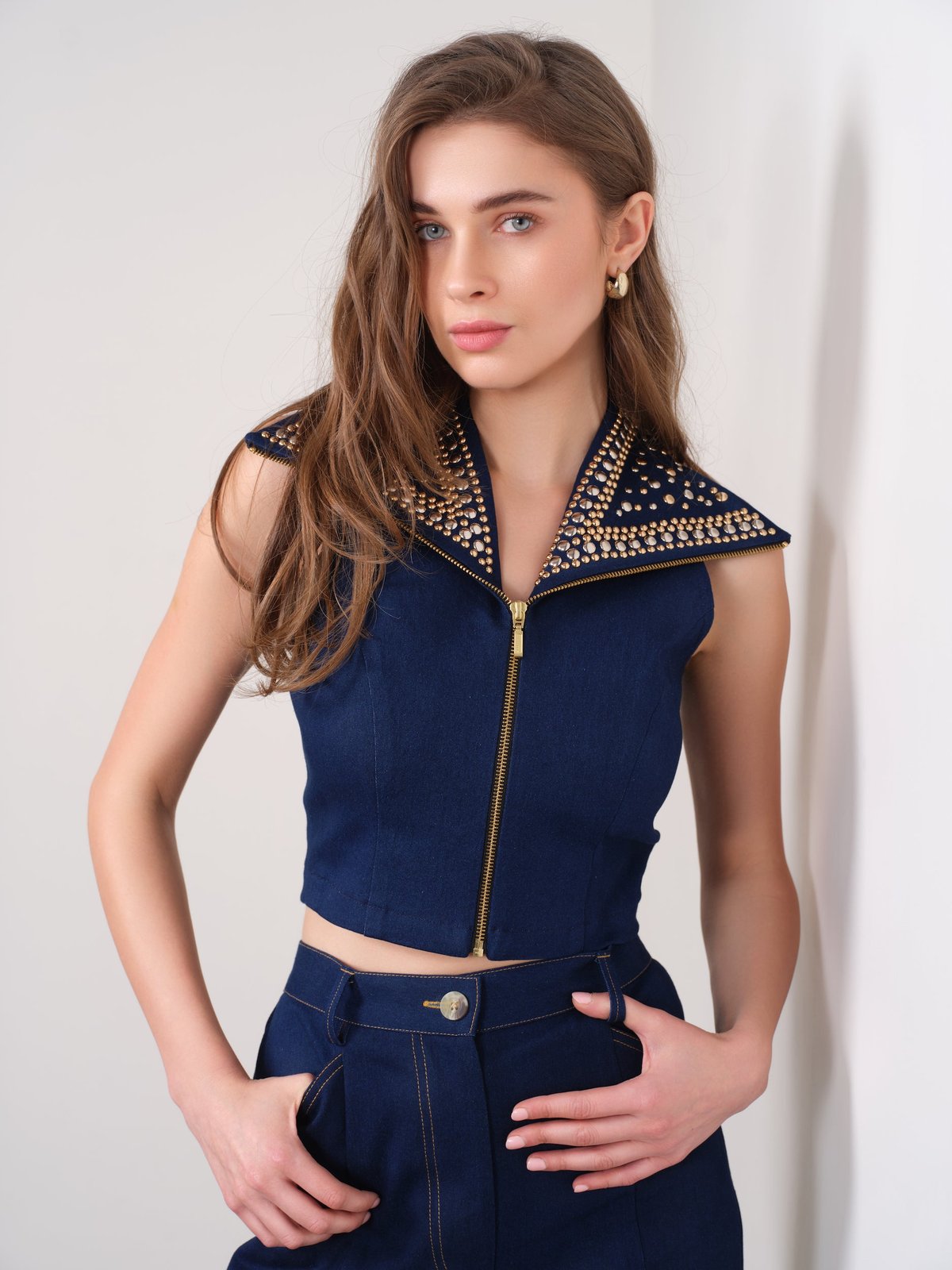 Dark Blue Studded Denim Zip-Front Crop Top