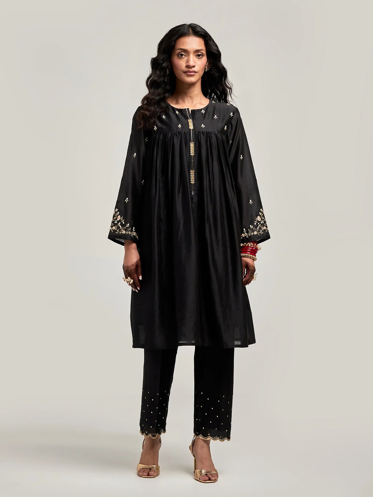 Black Embroidered Yoke A-Line Kurta Set with Pants
