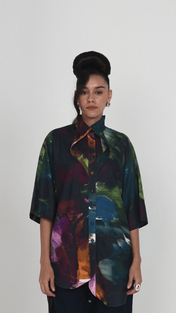 Multicolor Abstract Print Oversized Cotton Satin Shirt