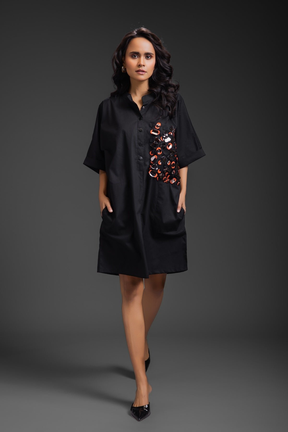 Black Relaxed Fit Mini Dress with Embellished Pocket