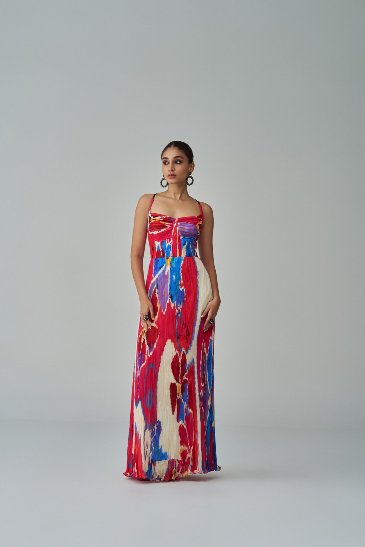Pink/Red Printed Chiffon Micro-Pleated Maxi Dress