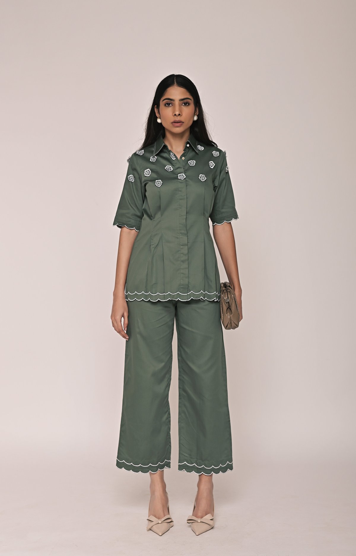 Light Green Scallop Hem Shirt and Wide-Leg Pants Co-ord Set