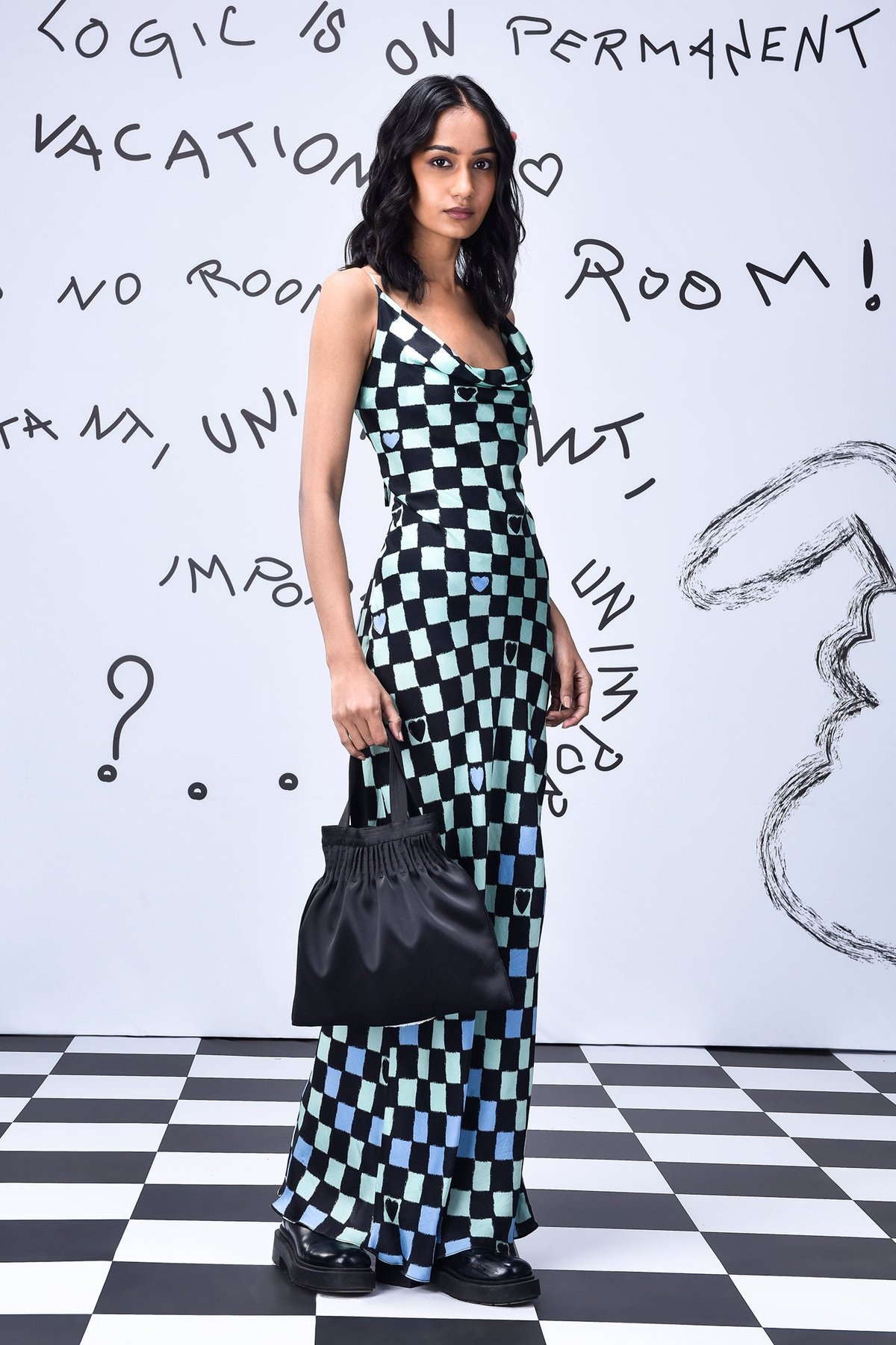 Multicolor Chessboard Cowl Neck Maxi Slip Dress