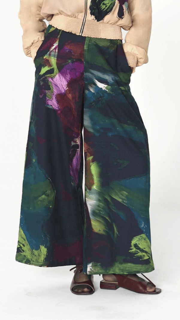 Multicolor Abstract Printed Wide-Leg Cotton Twill Trousers