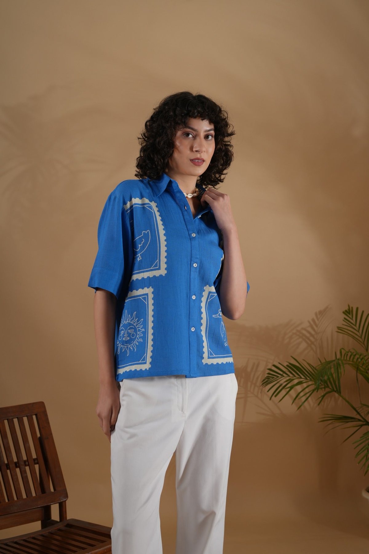 Blue Linen-Cotton Boxy Placement Printed Shirt