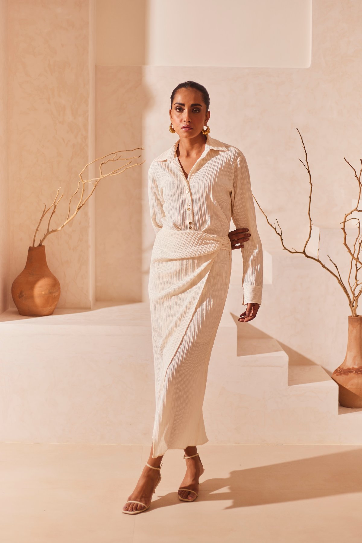 Cream Draped Shirt Dress