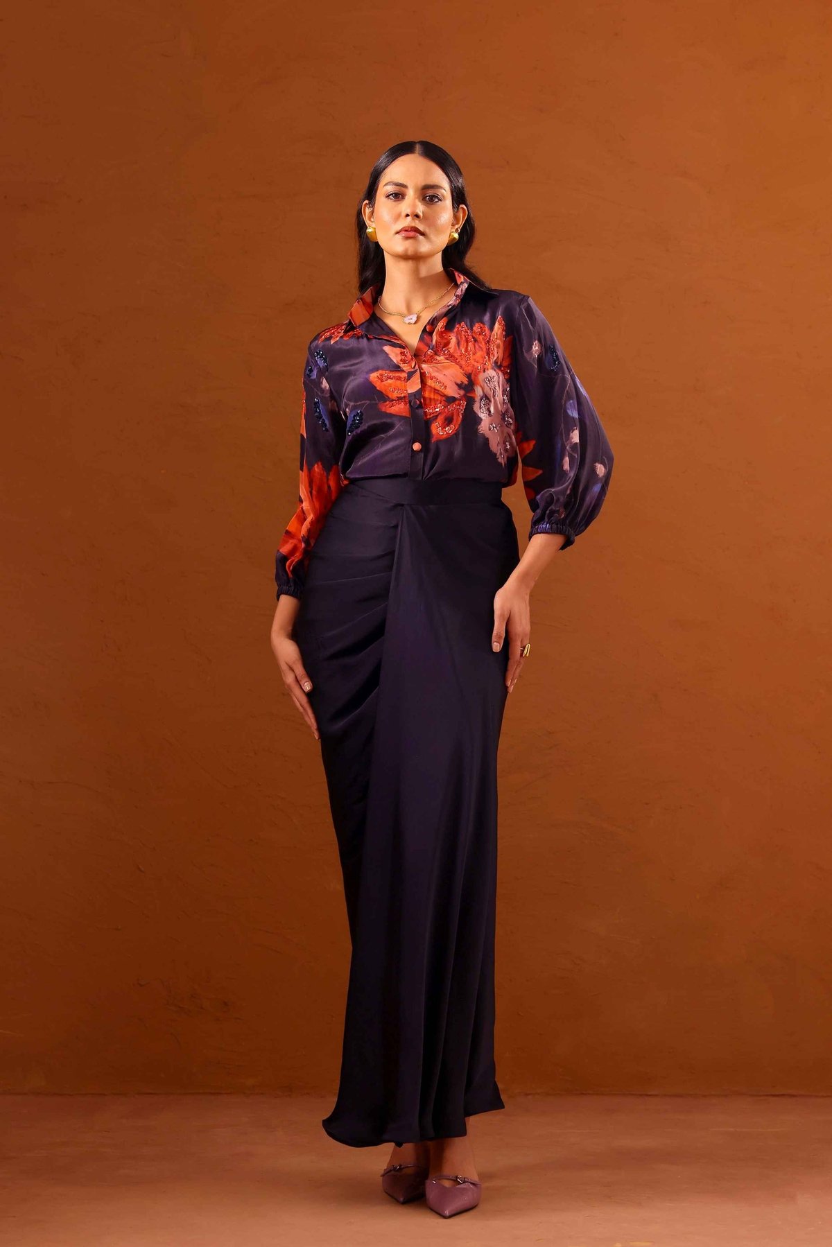 Printed Shirt and Draped Maxi Skirt Co-ord Set