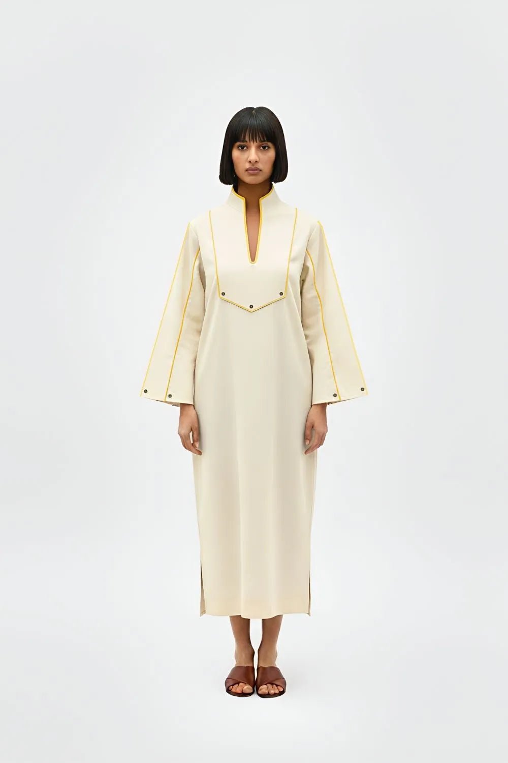 Ivory Cotton Twill Straight Midi Dress with Piping