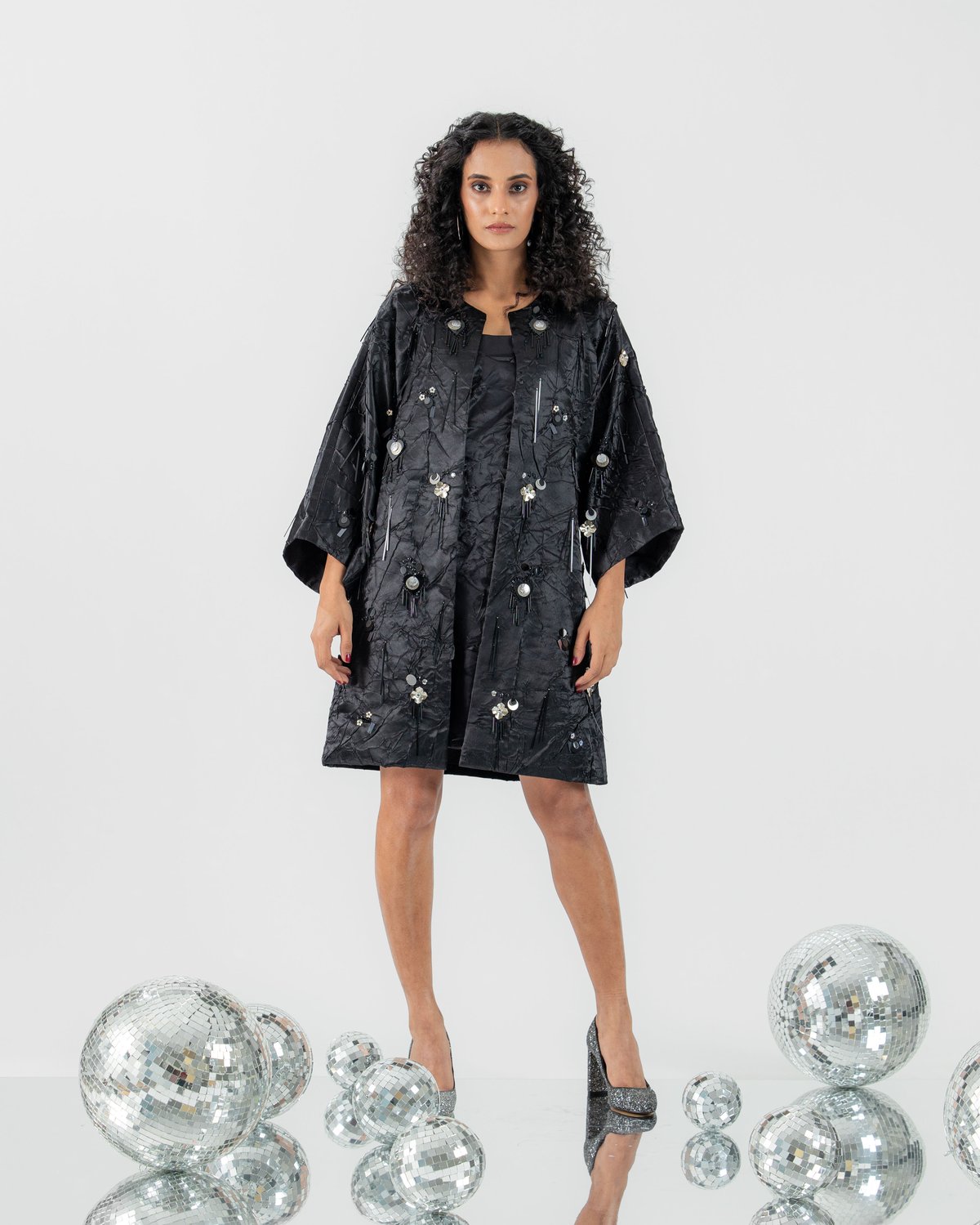 Black Embellished Open-Front Longline Jacket