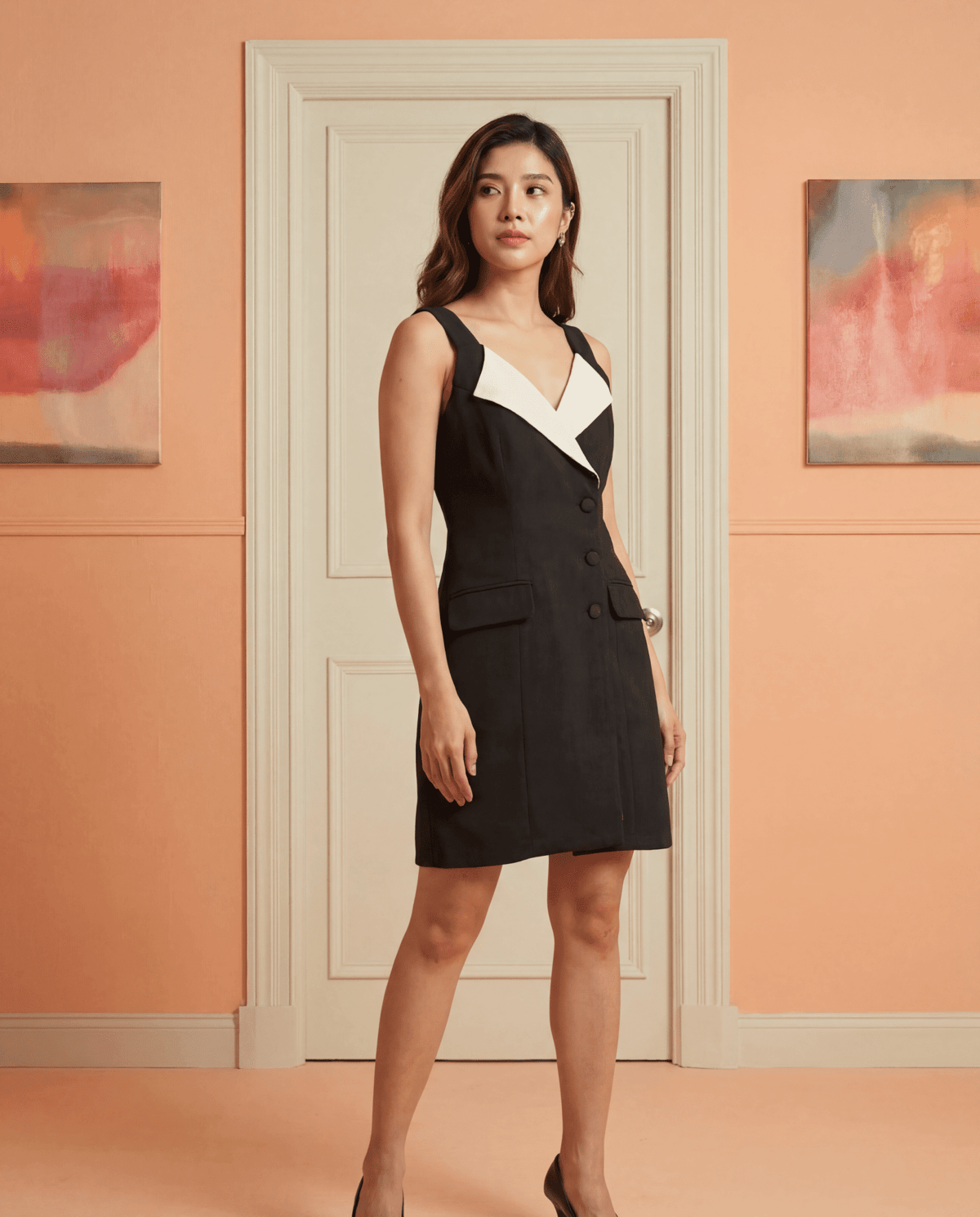 Black and Ivory Tuxedo-Inspired Tailored Mini Dress