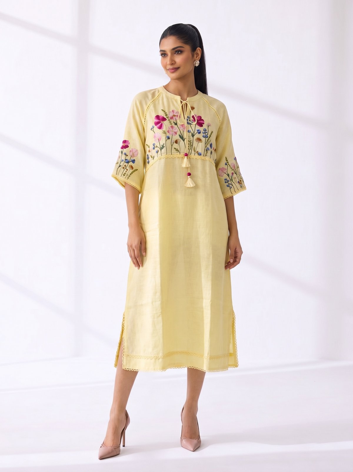 Buttercup Yellow Linen Embroidered Midi Dress