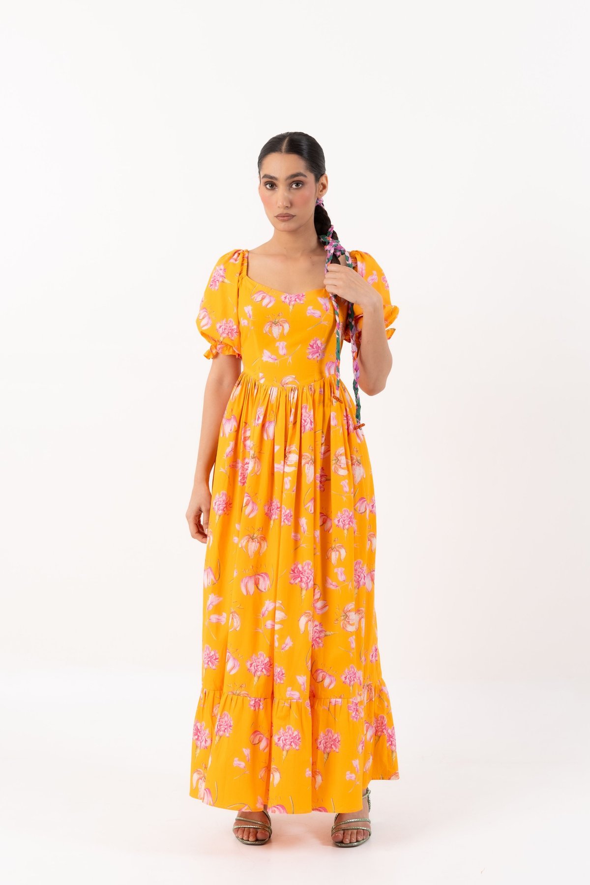 Orange Pink Floral Corset Waist Tiered Maxi Dress