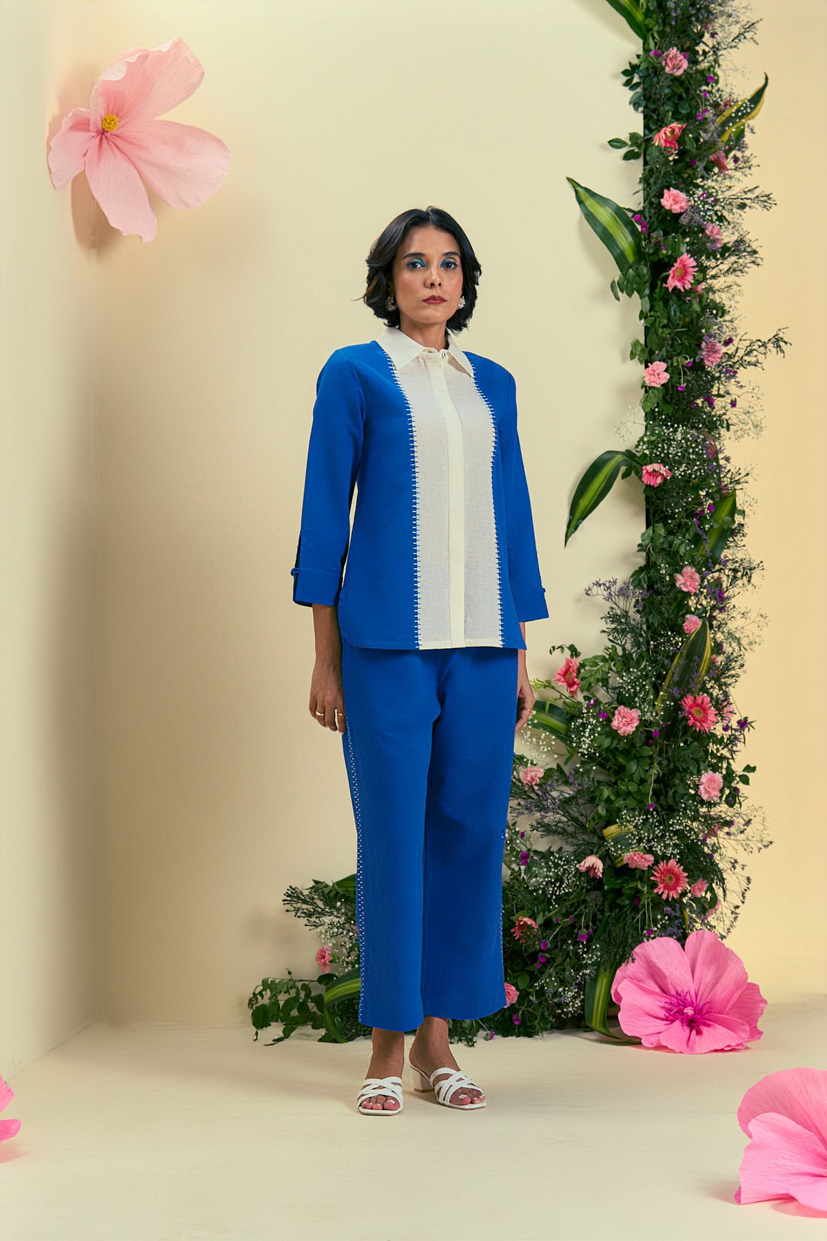 Blue and Off-White Colorblock Co-ord Set