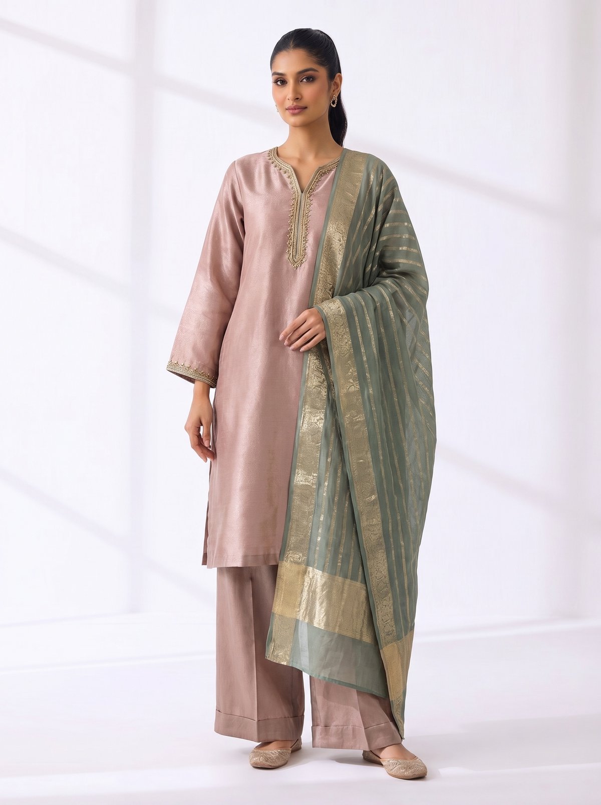 Pink Satin Straight Kurta Set with Embroidered Neckline