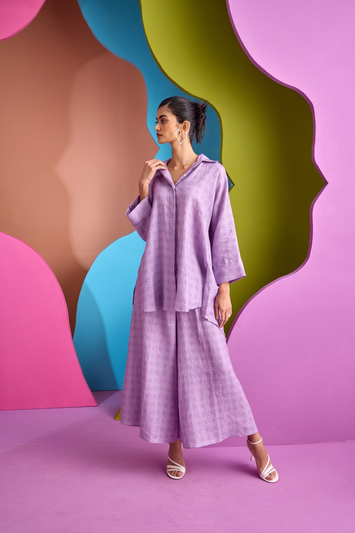 Lilac Printed Linen Shirt and Wide-Leg Pants Co-ord Set