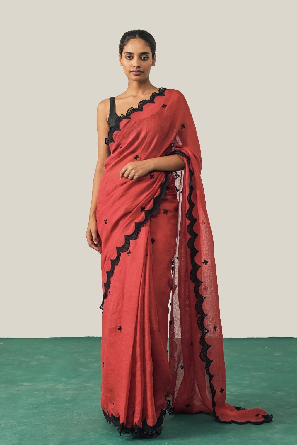 Red Gauze Linen Saree with Black Scalloped Lace Border
