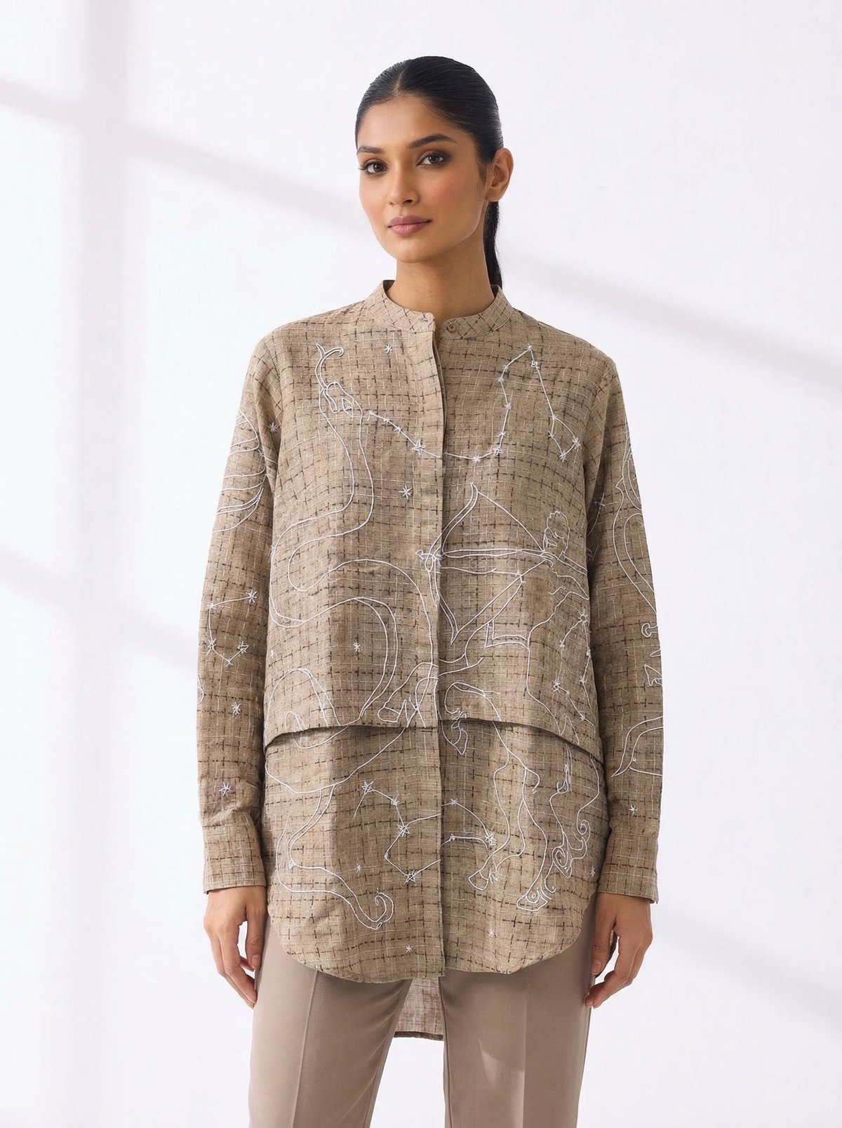 Beige Oversized Hand Embroidered Paneled Shirt