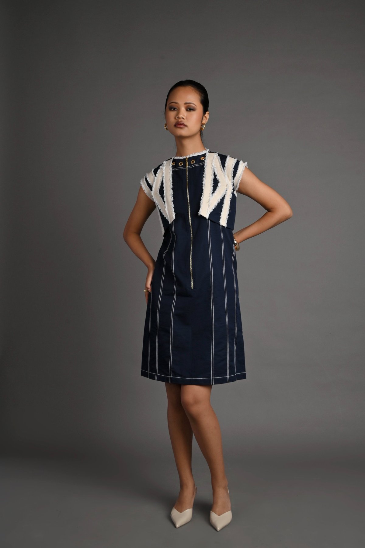 Navy Blue Zip-Front Shift Dress Set with Cropped Overlay
