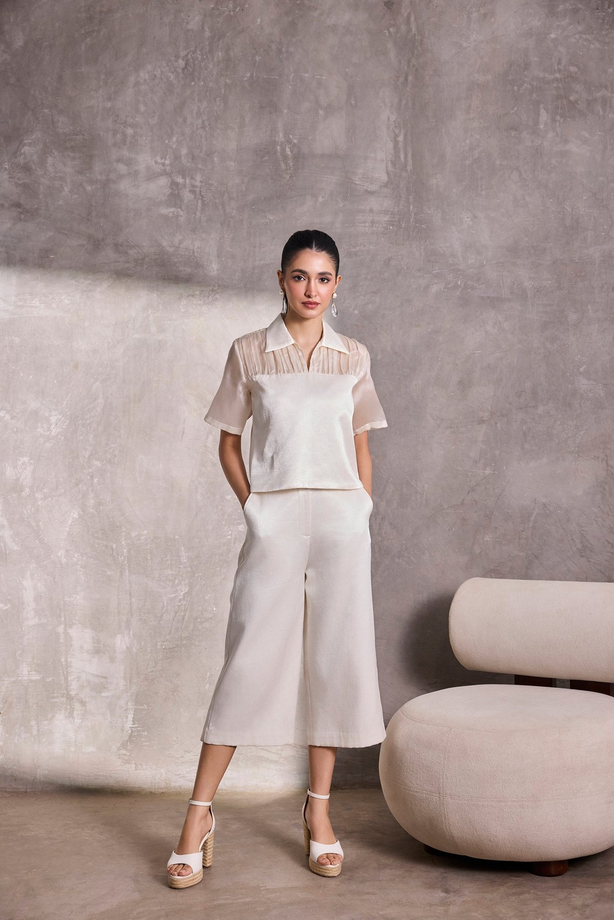 Ivory Fabric Block Collared Top
