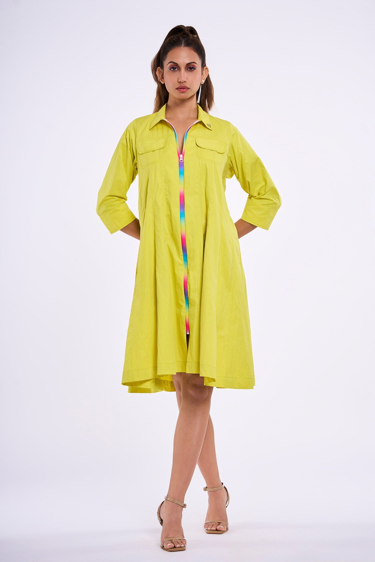Lime Yellow A-Line Midi Shirt Dress with Rainbow Zip