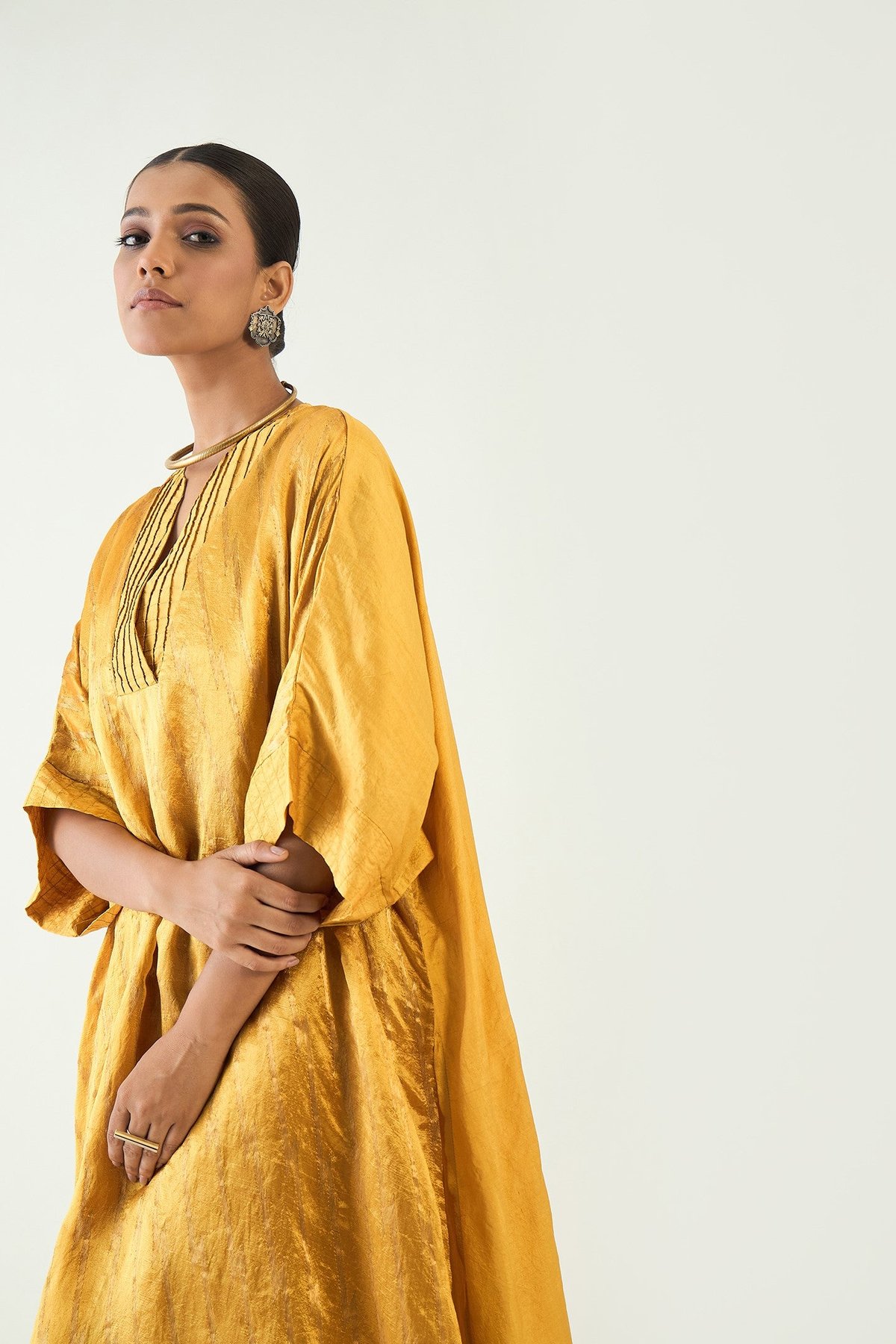 Silk with Gold weave Kimono Kaftan set - Mustard