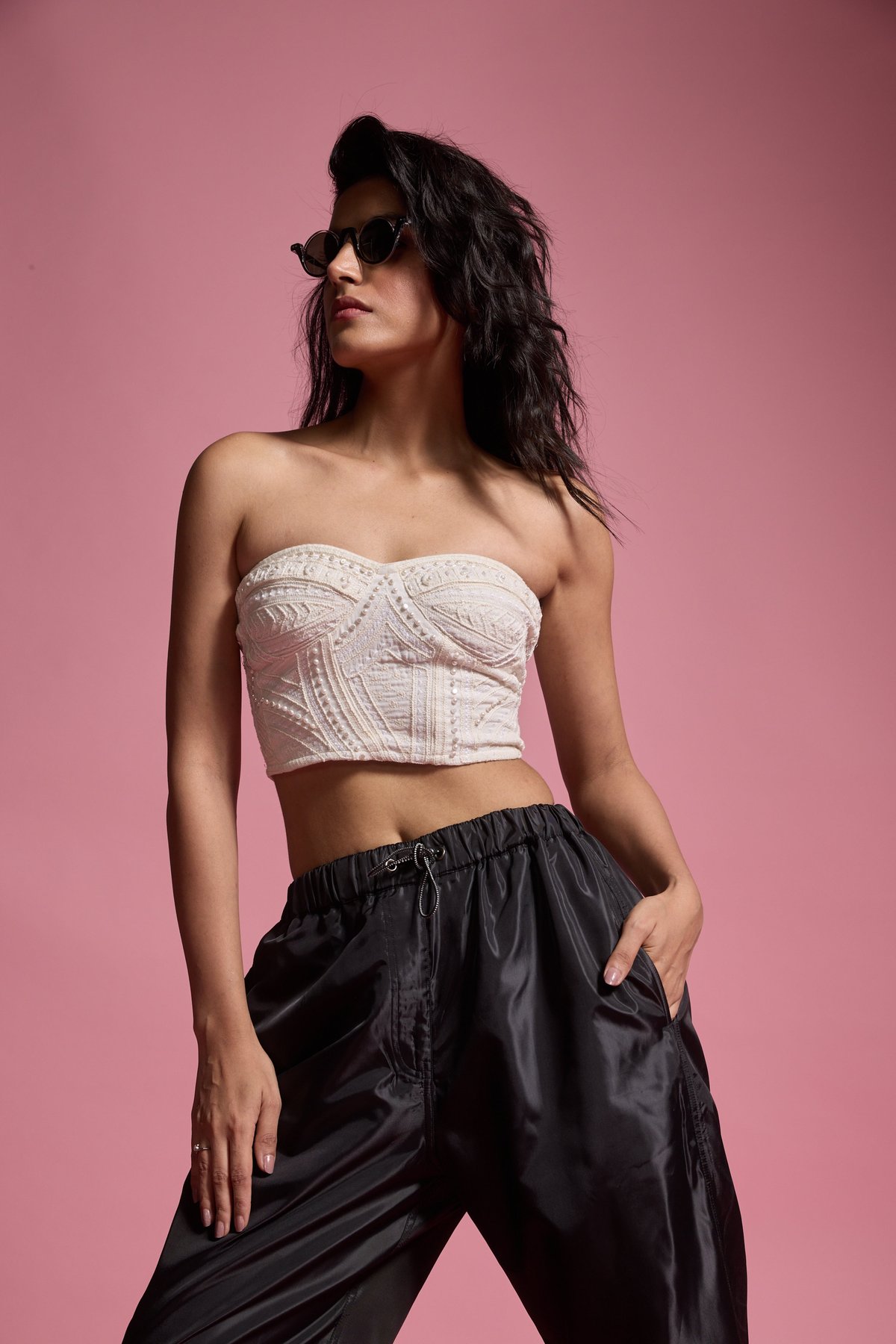 Ivory Pearl-Embroidered Bustier Bralette Top