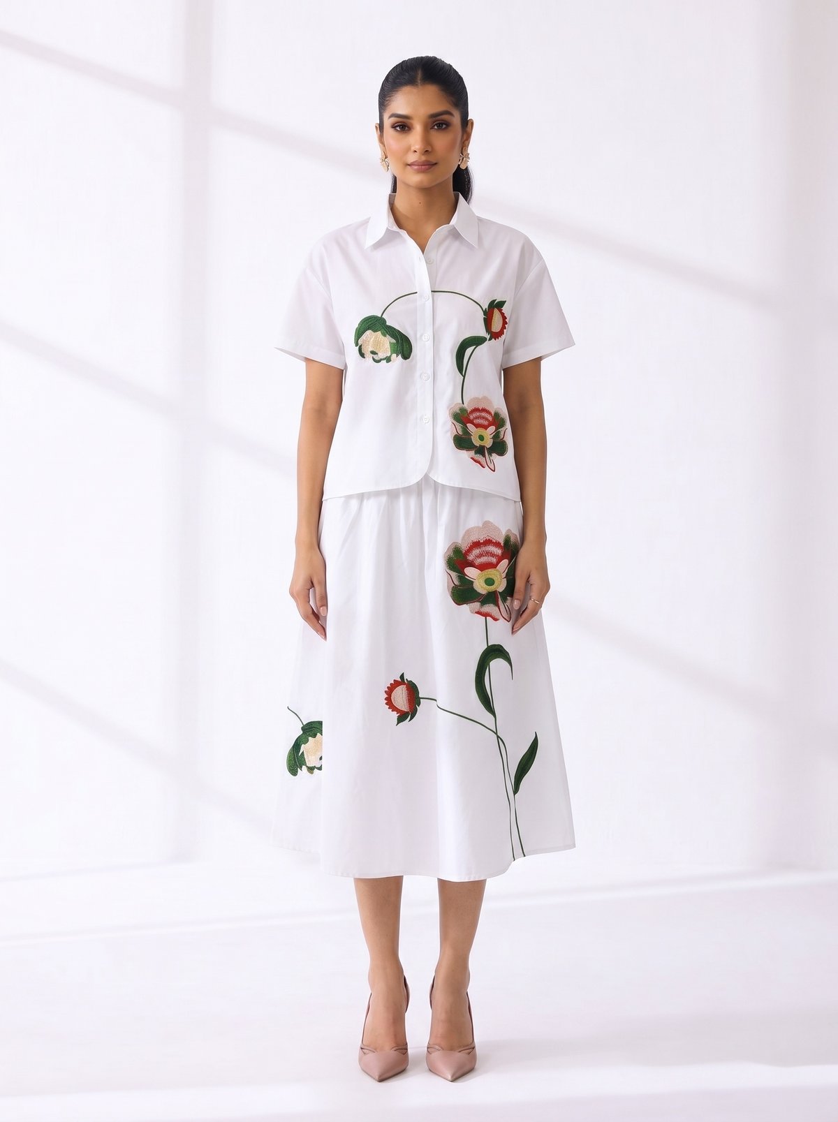 White Embroidered Shirt and Midi Skirt Co-ord Set