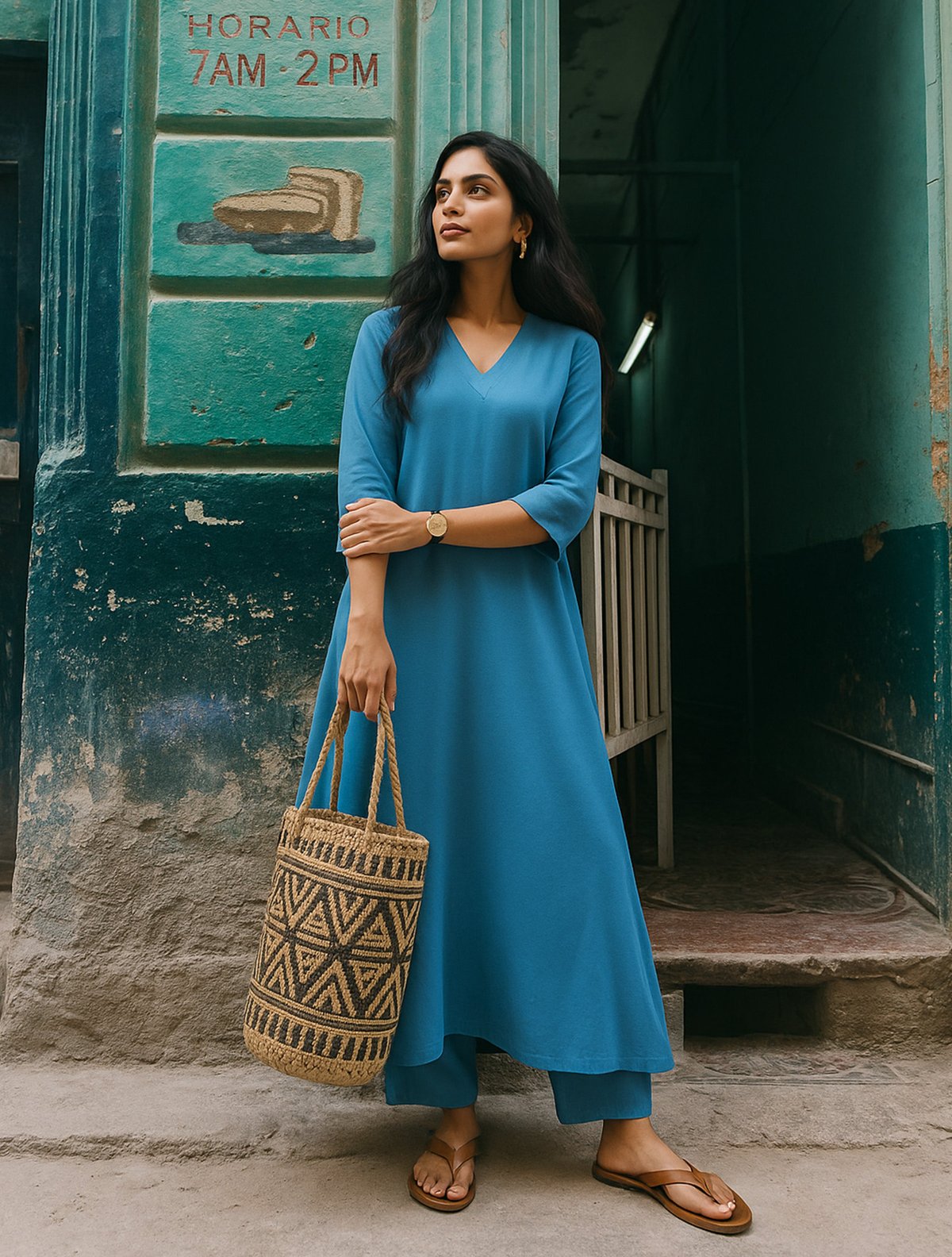 Blue V-Neck Straight Kurta and Pant Set