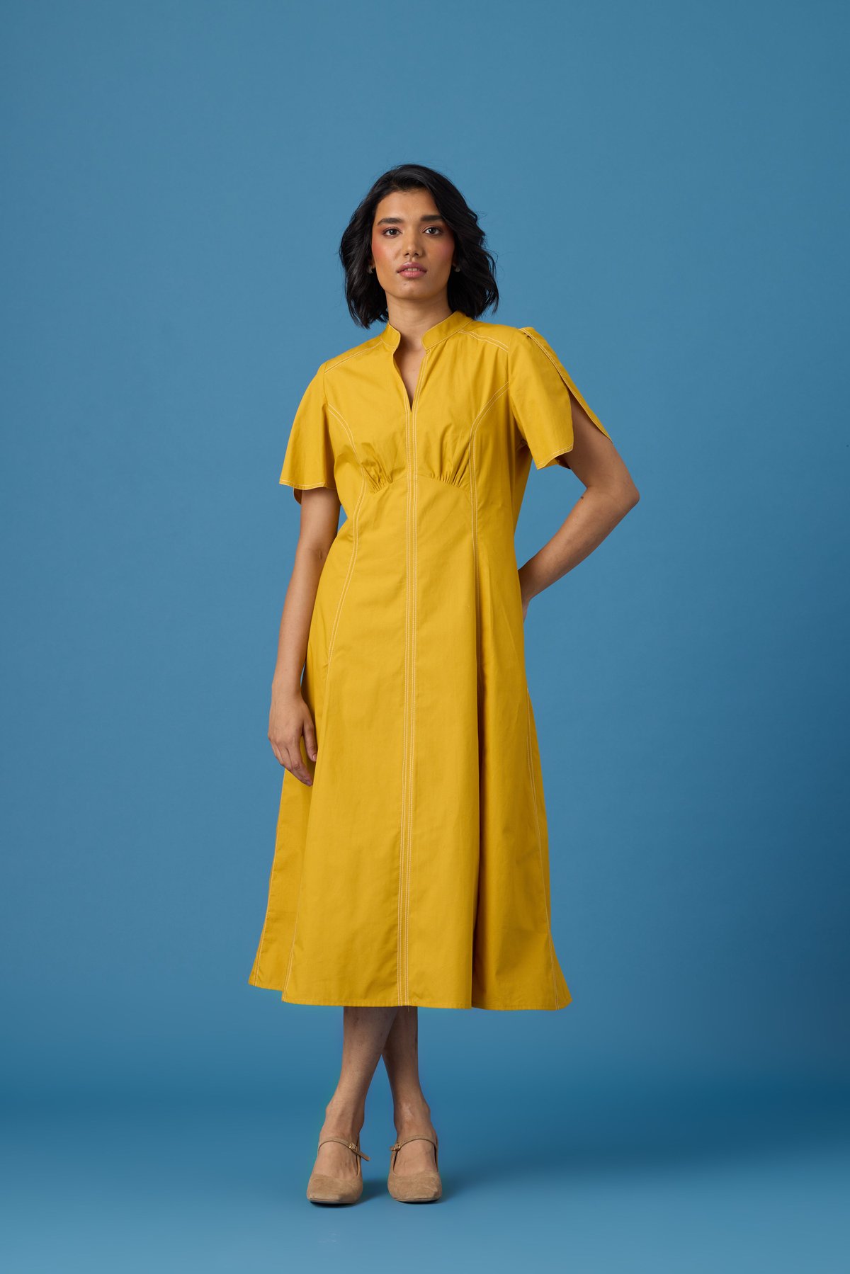 Ochre Cotton Poplin A-Line Midi Dress with Mandarin Collar