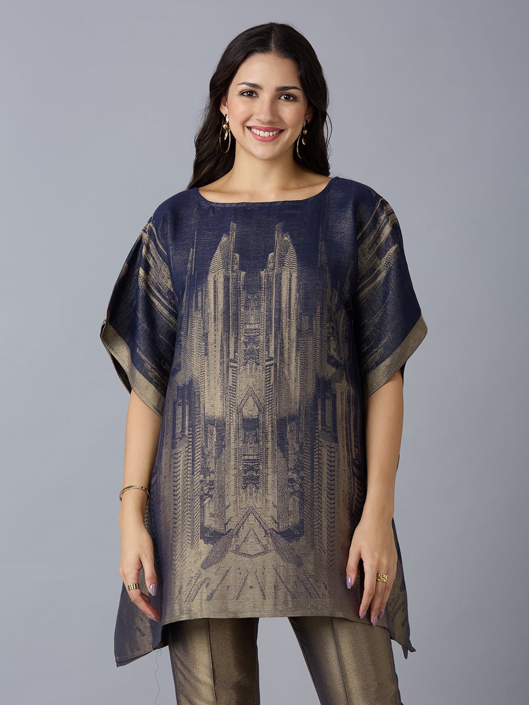 Brocade Scenery Design Navy Poncho