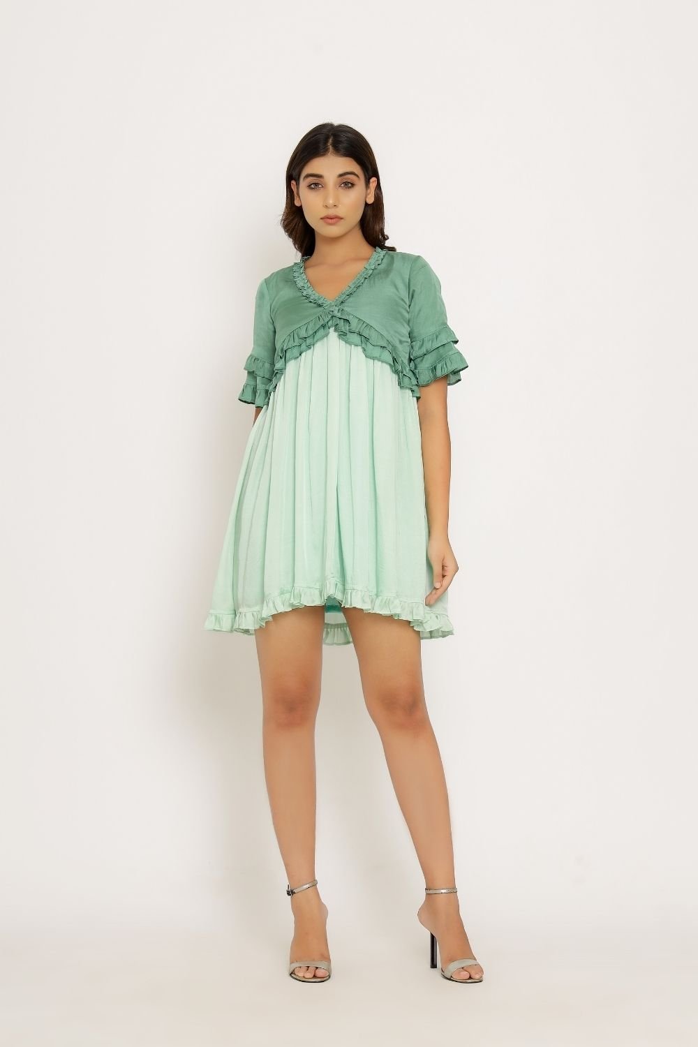 Teal and Mint Colorblock Ruffle Trim Smock Mini Dress