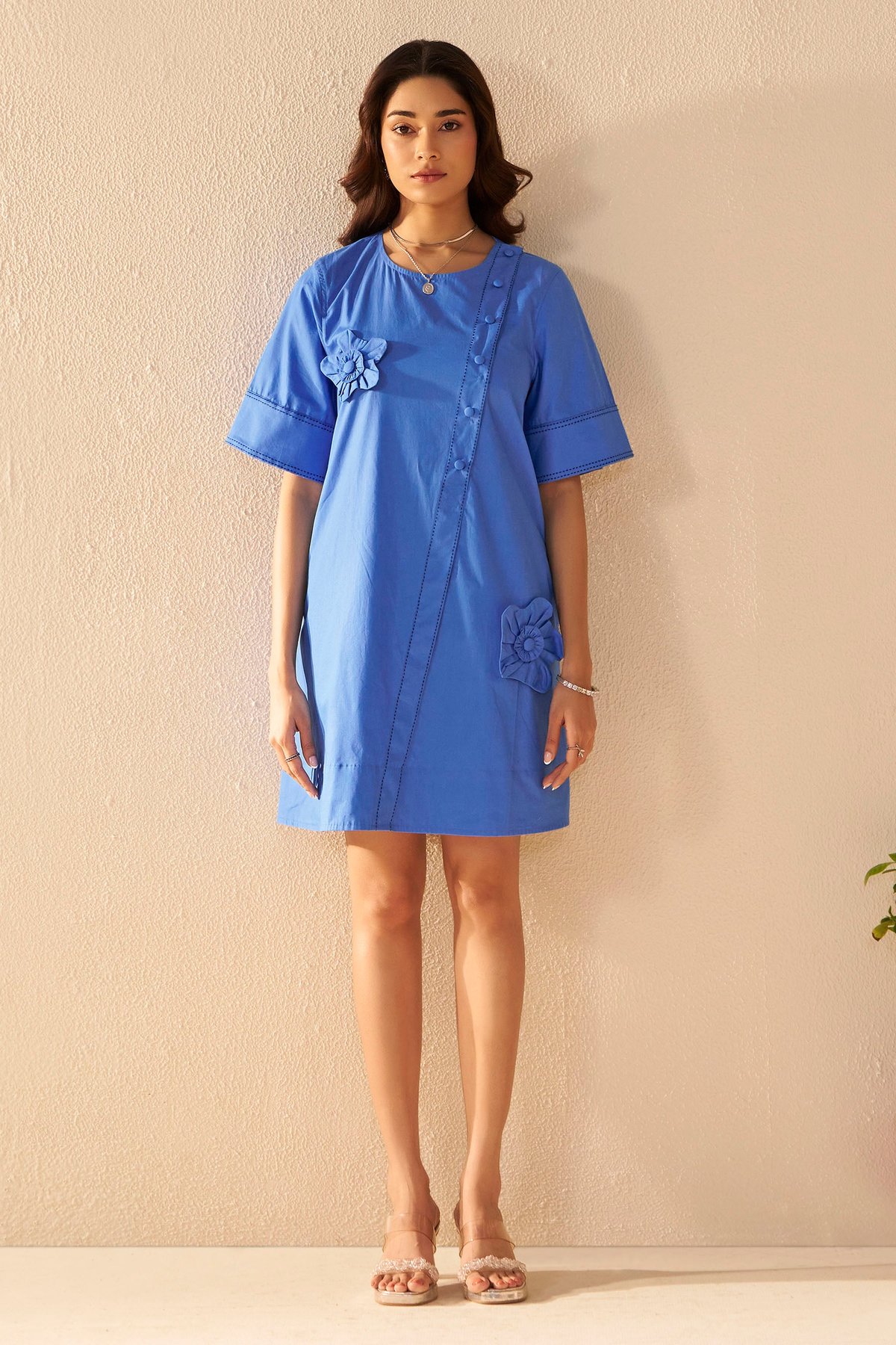 Light Blue Poplin Mini Shift Dress with 3D Floral Applique