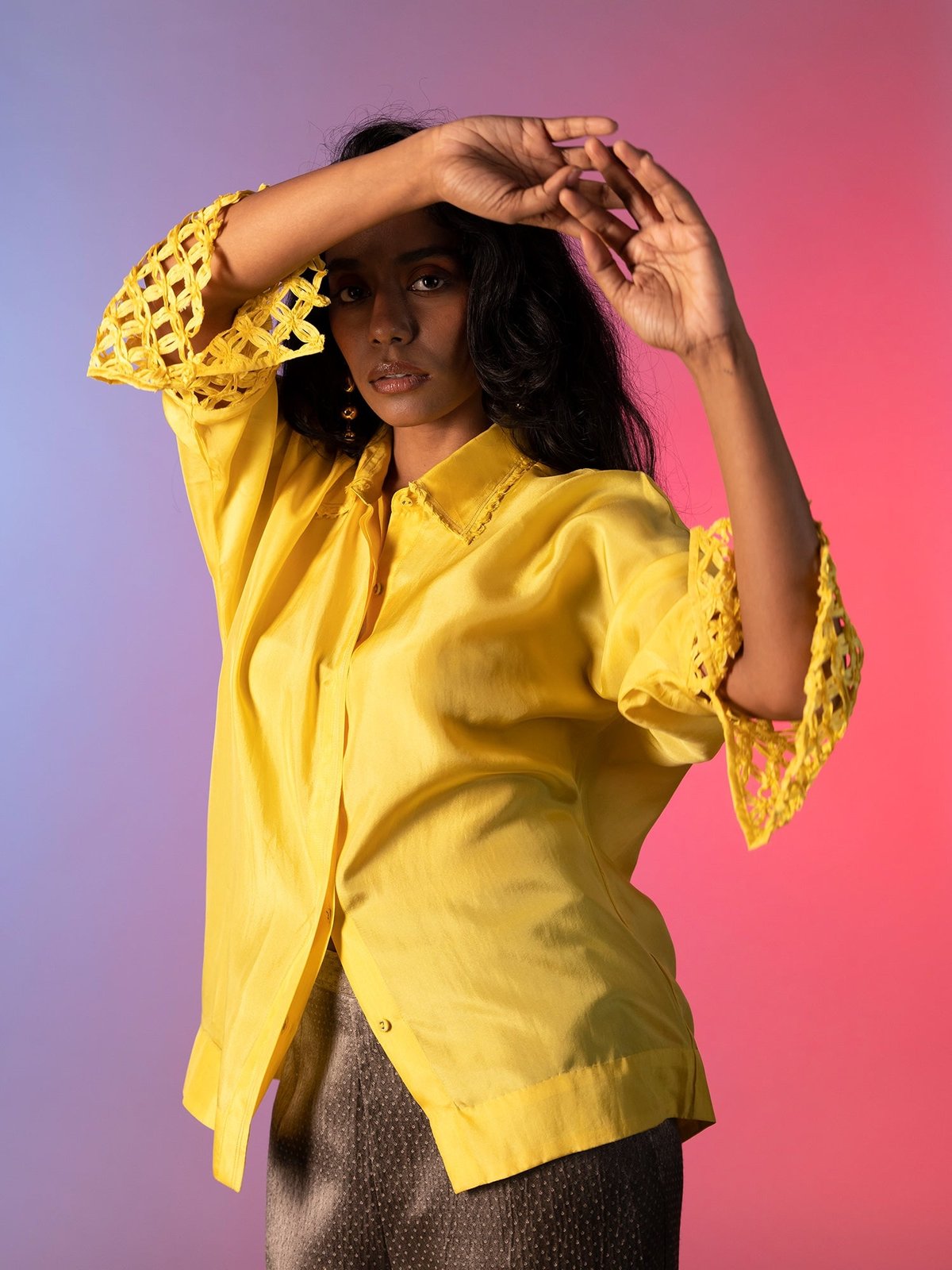 Yellow Silk Shirt with Statement Cutwork Cuffs