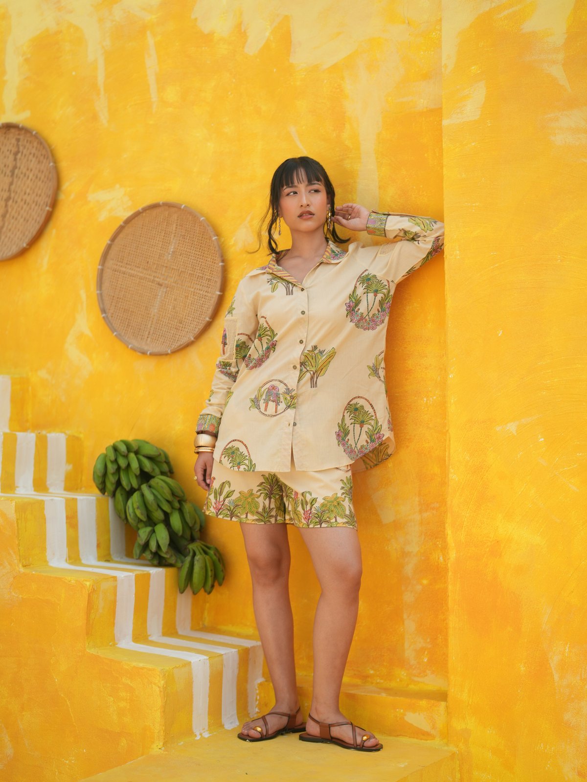 Coral Peach Tropical Print Shirt and Shorts Co-ord Set