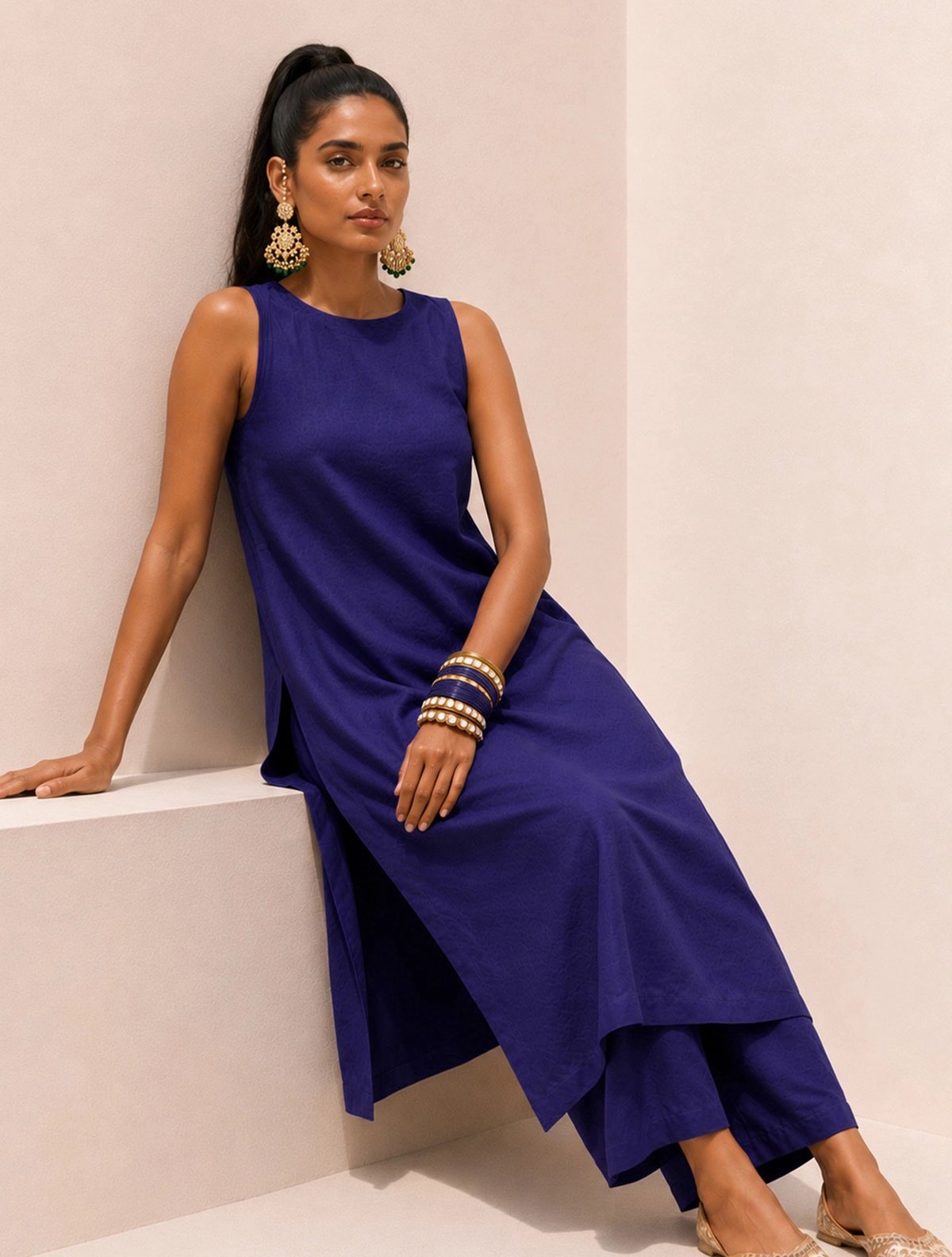 Blue Solid Viscose Sleeveless High-Slit Kurta Set
