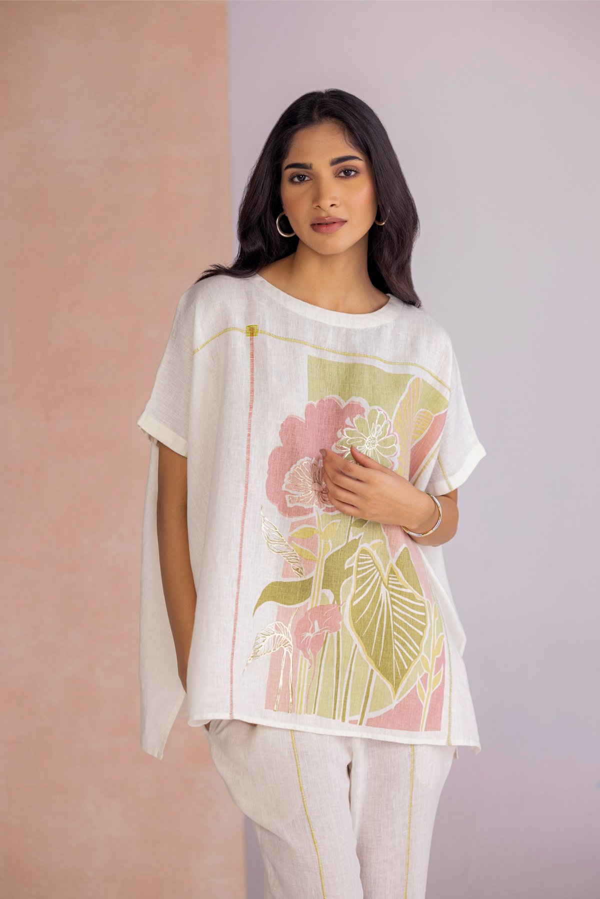 Off White Boxy Linen-Blend Printed Square Top
