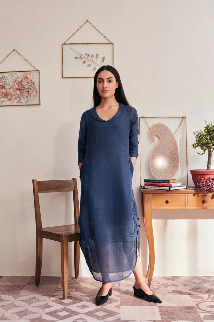 Navy Blue Linen Straight Midi Dress with V-Collar
