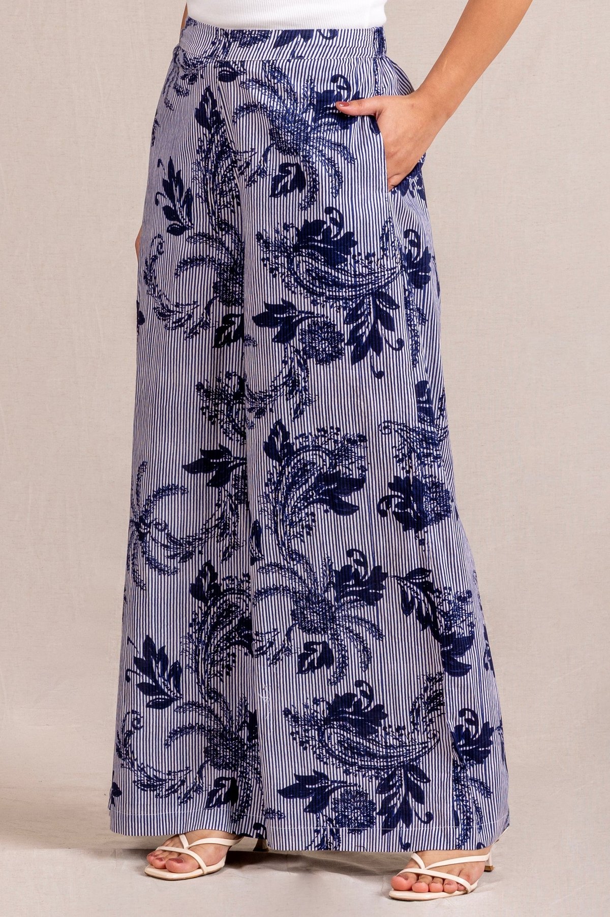 Blue Floral Striped Wide-leg Pants
