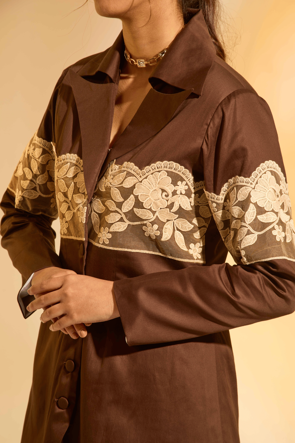 Brown Cotton Satin Blazer with Lace Band Detail