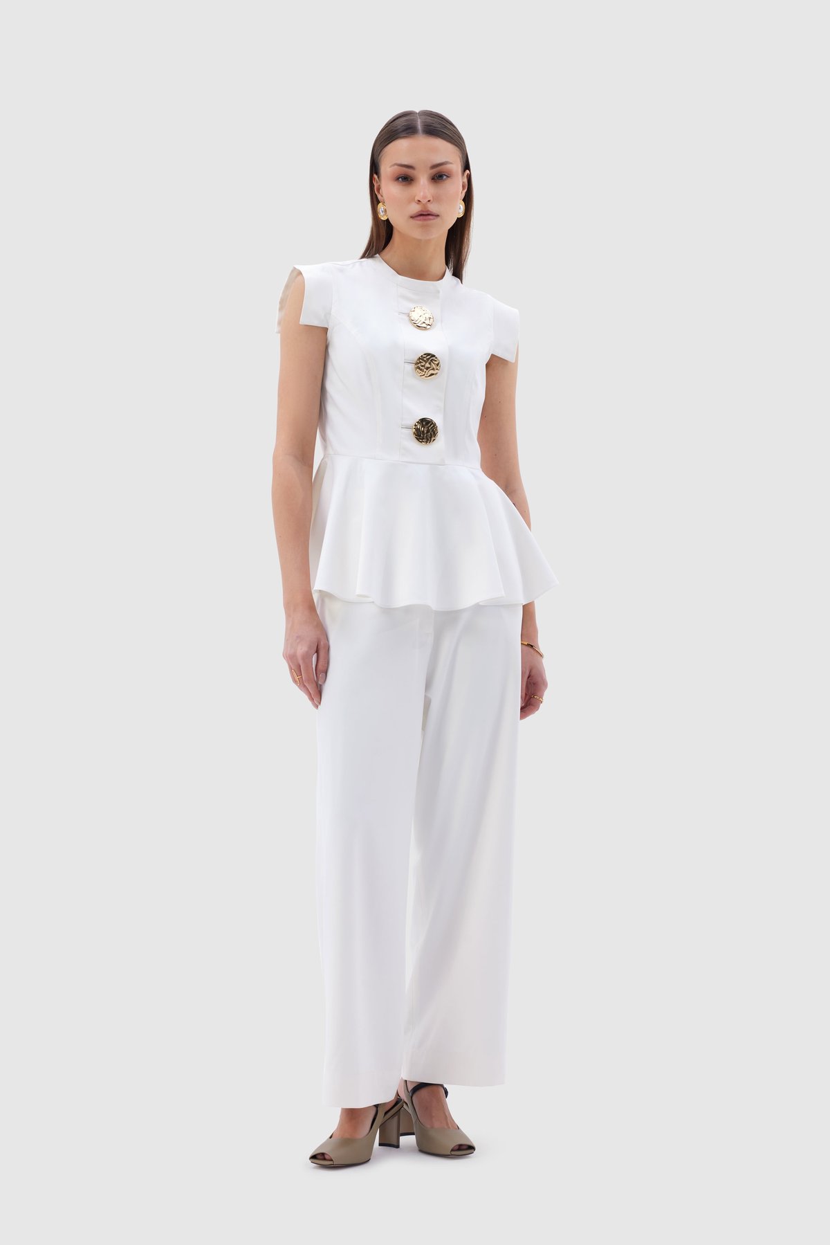 Ivory Peplum Top and Wide-Leg Pants Co-ord Set