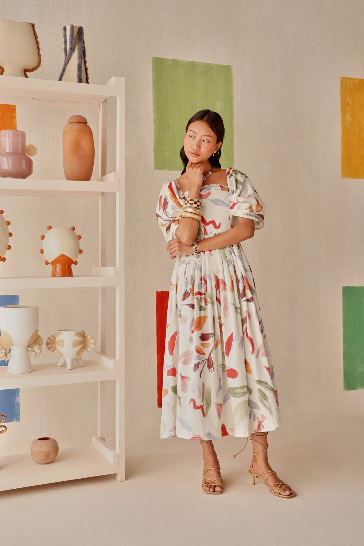 Cream Abstract Print Tiered Cotton Midi Dress