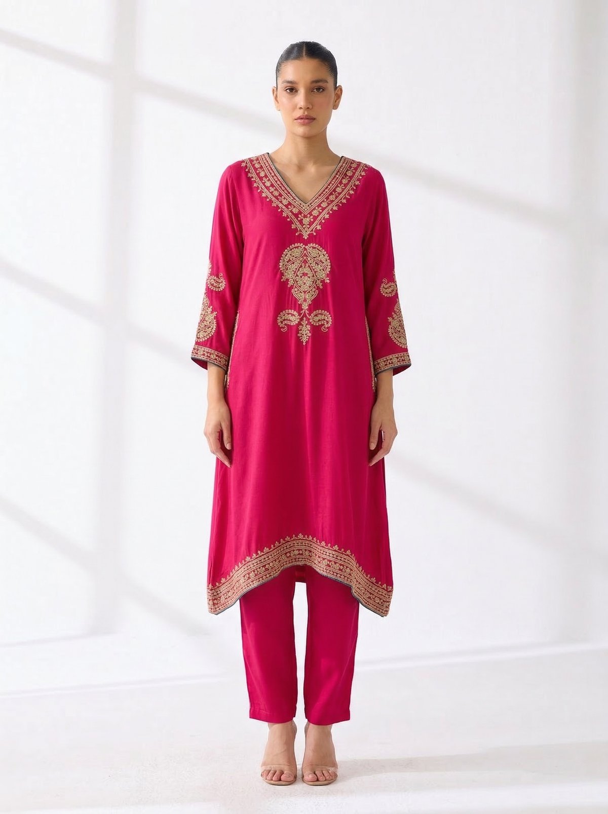 Candy Pink Crepe Phiran Without Potli