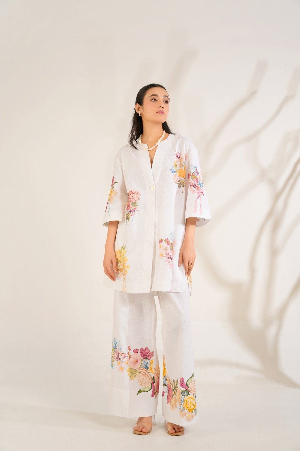 White Floral Printed Kurta Shirt and Trouser Set
