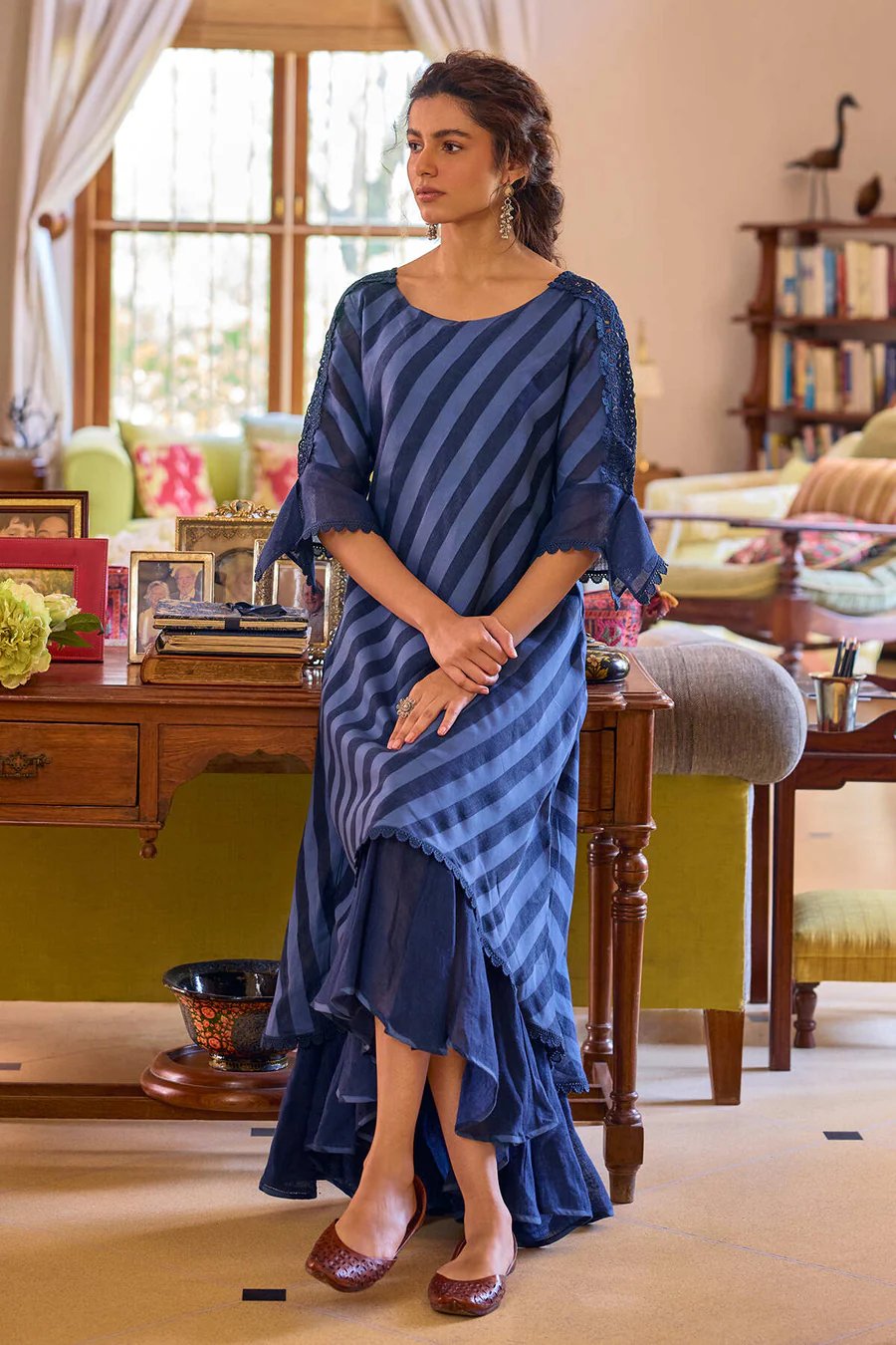 Navy Blue Striped Gauze Asymmetrical Midi Dress