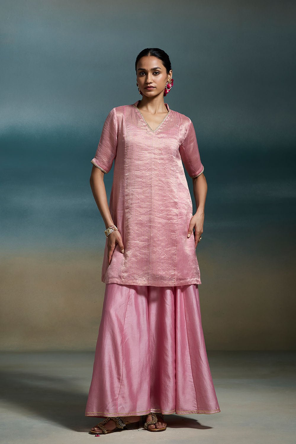 Old Rose Chanderi Striped Straight Kurta Set with Dupatta