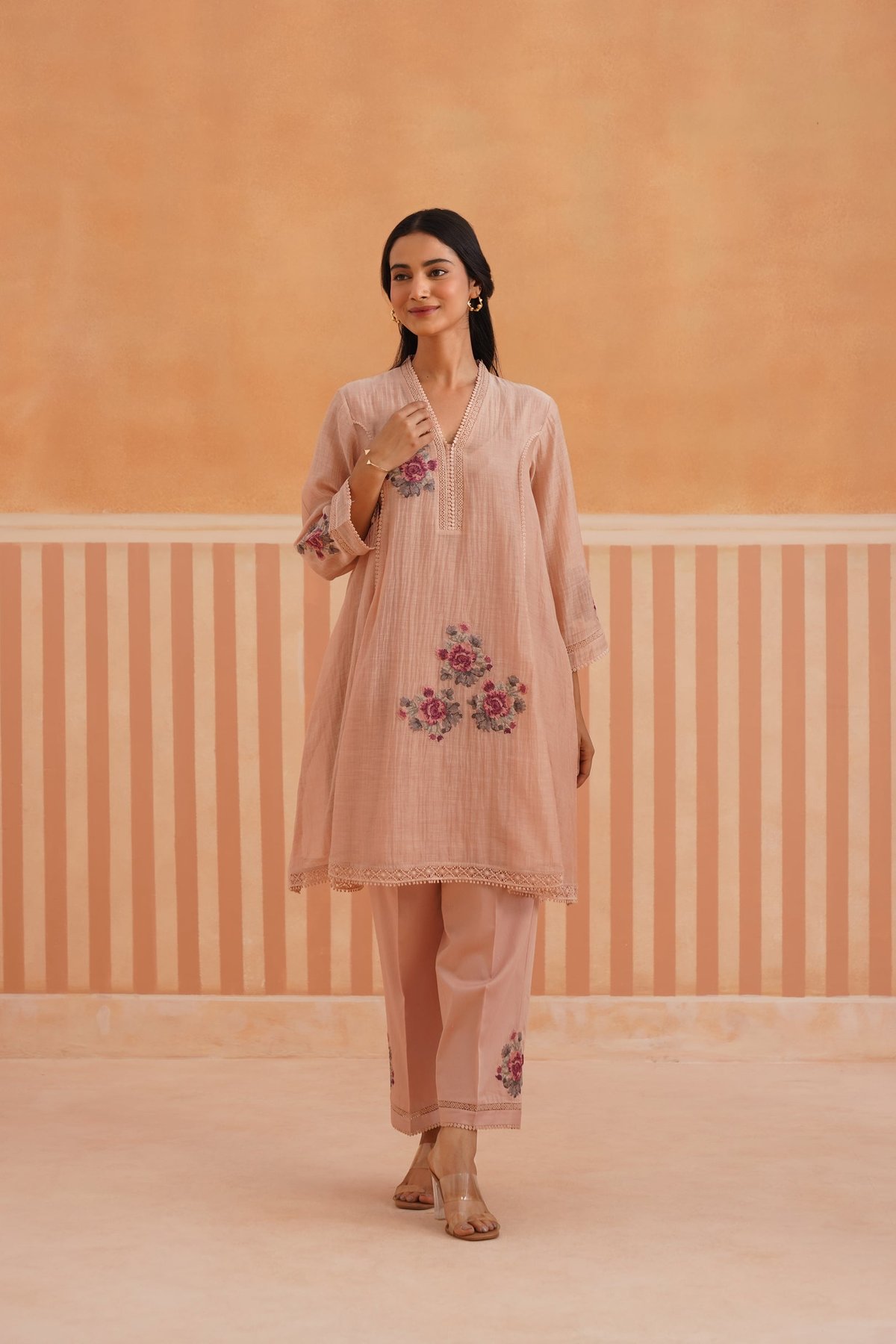 Embroidered Panelled Flared Kurta Set