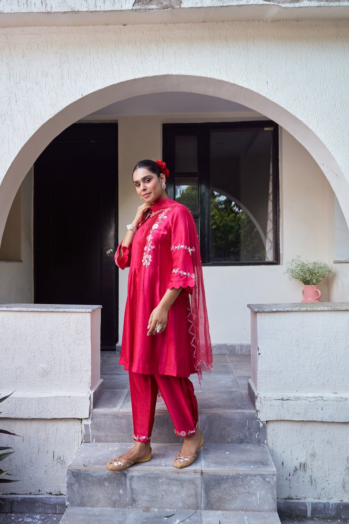 Crimson Applique Embroidered Kurta Set with Dupatta
