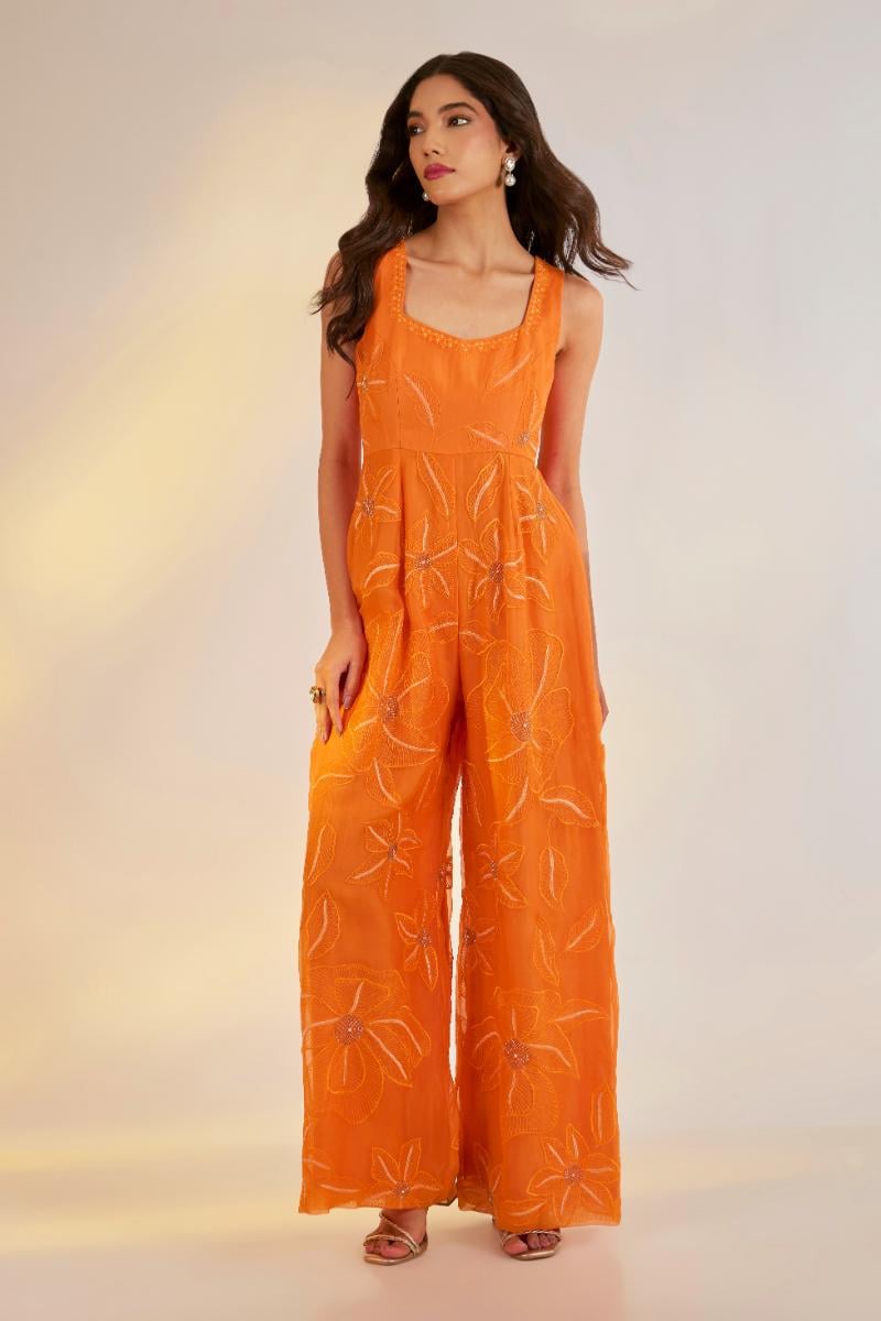 Orange Hand Embroidered Organza Jumpsuit