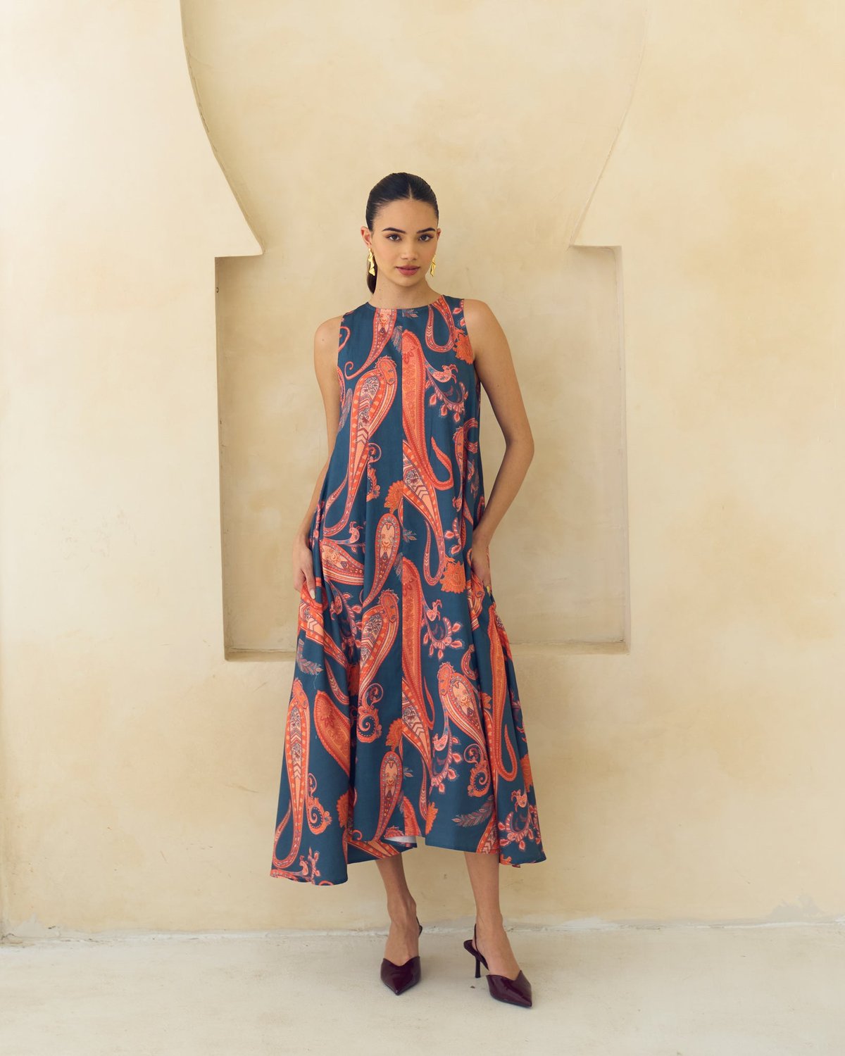 Multicolor Paisley A-Line Sleeveless Midi Dress