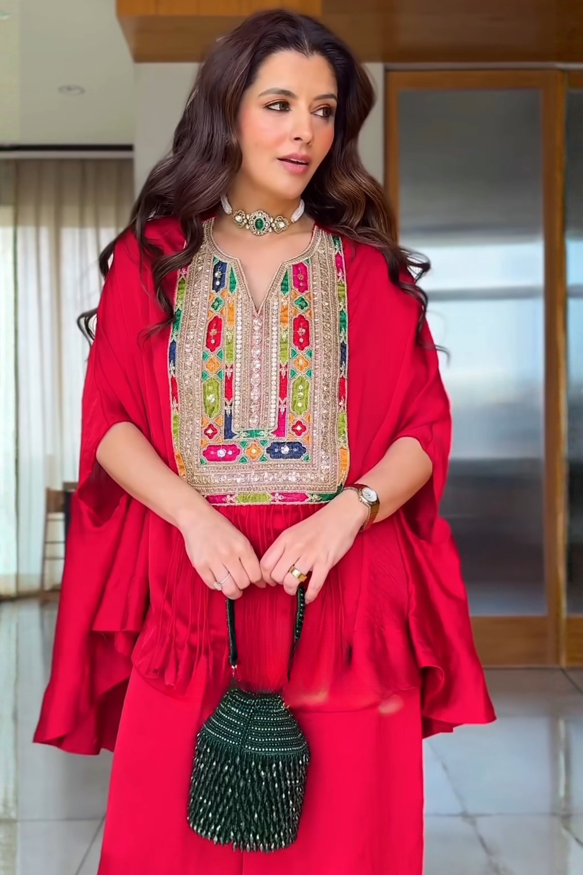 Red Brocade Silk Kaftan Top and Flared Pants Co-ord Set
